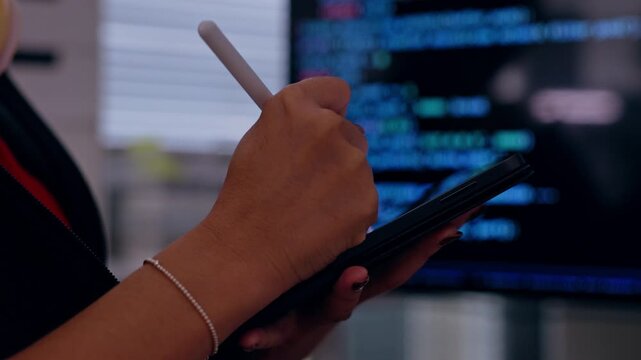 Programmer Using Stylus and Tablet Near Computer Screen, Focused Technology Workspace Featuring Coding Text, Software Development, Digital Coding Activity, and Modern Development Workflow
