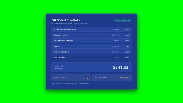 Hotel check-out billing summary with room charges, spa, minibar, taxes and total paid animation