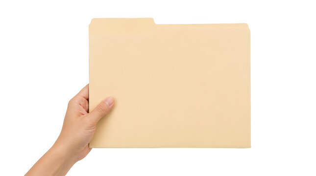 Hand holding blank manila folder isolated on transparent background