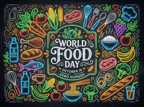 World food day neon chalk art illustration with various food and kitchen tools