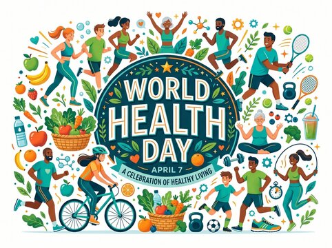 World health day celebration with active diverse people and healthy food