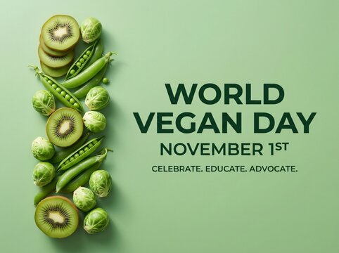 World vegan day composition with green fresh fruits and vegetables border