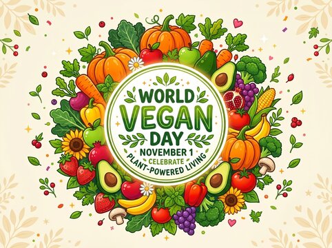 World vegan day illustration with fresh organic vegetables and fruits wreath