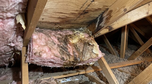 Water damaged attic insulation and rotting wooden roof beams in a home