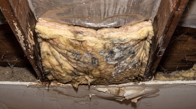 Moldy water damage  insulation between wooden ceiling joists in a damp attic