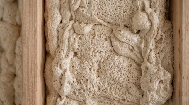 Polyurethane foam insulation applied between wooden wall studs close up