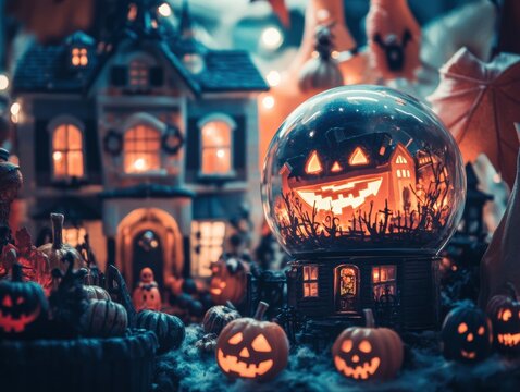 A collection of festive Halloween snow globes, each containing a spooky, lit-up haunted house, is displayed on a dark shelf in a cozy room.
