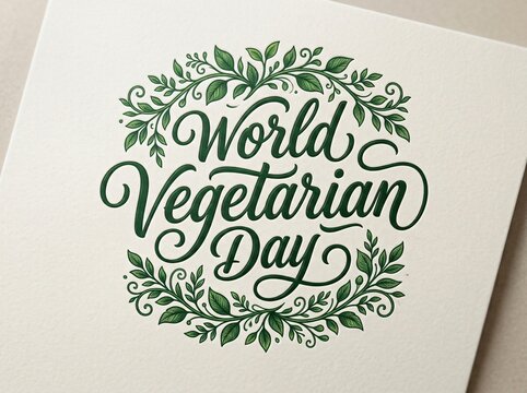 World vegetarian day calligraphy logo framed by hand drawn green leaves