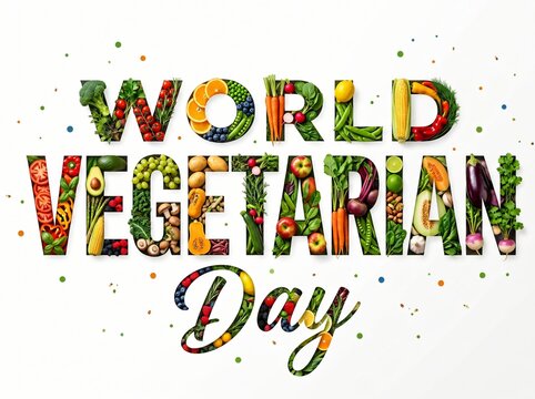 World vegetarian day message created from fresh raw vegetables and fruits