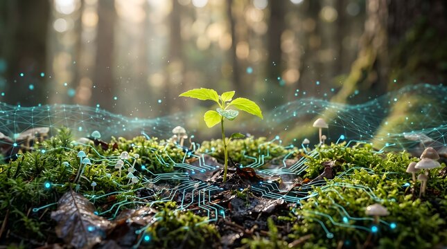 Small seedling growing in moss with digital glowing network mesh