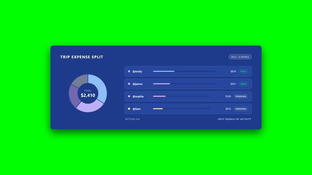 Travel group expense split with pie chart of shares and paid status per member animation