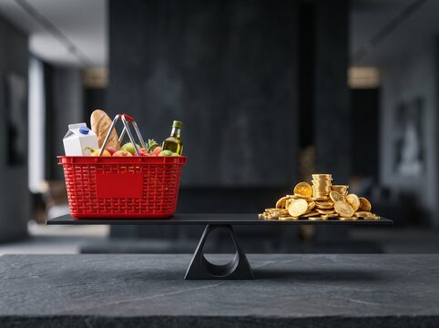 Red shopping basket on a black seesaw with golden coins