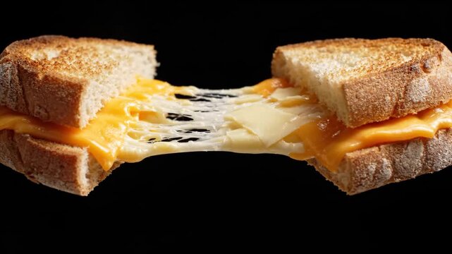 Macro grilled cheese pull on toasted sourdough bread with melted