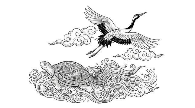 Oriental Crane and Turtle with Waves Illustration &ndash; Traditional Asian Line Art Vector Design