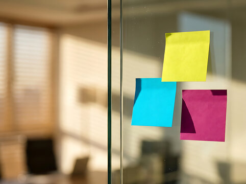 Three bright colored sticky notes on transparent glass in a blurred corporate office setting for brainstorming and planning