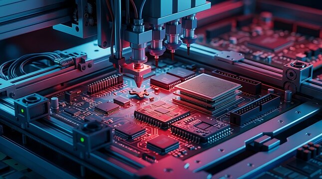 Robotic mount device installs microchips and RAM cards onto circuit boards illuminated by red and blue glow, demonstrating automated hardware manufacturing within high-tech electronics plant.