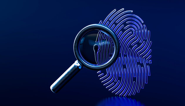 3D fingerprint investigation with magnifying glass for digital security
