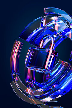 3D glass padlock in cyber network for encrypted data protection