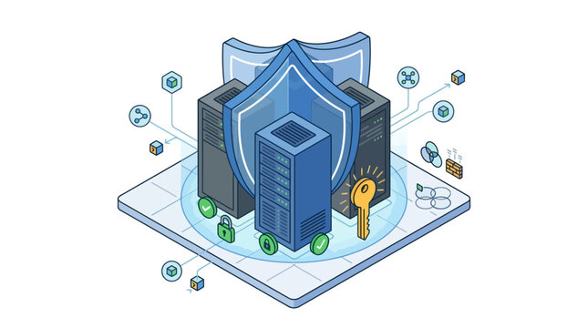 Cybersecurity and Data Protection Concept with Servers and Shield on Isometric Platform.