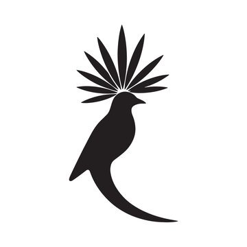 Black silhouette of bird with leaf shaped crest on white background