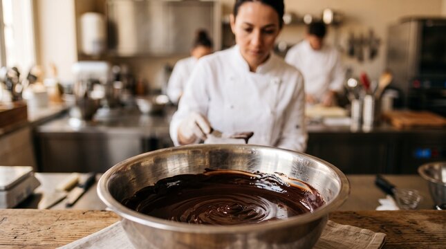 Pastry chef preparing melted chocolate in a professional kitchen setting