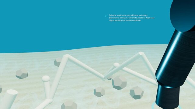 3D animation of a robotic arm building a biorock coral reef scaffold on the seabed, followed by cathodic electrolysis precipitating minerals and establishing a thriving marine ecosystem