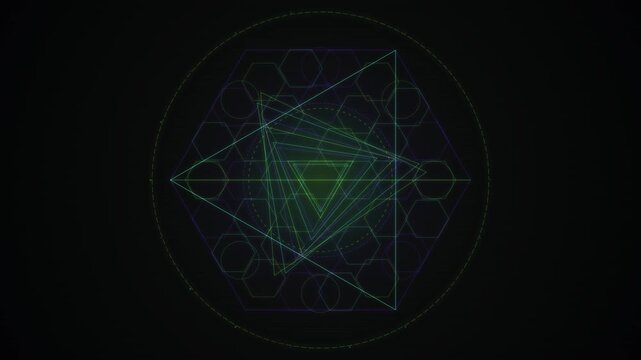 Geometric neon lines form a complex star pattern on a dark background