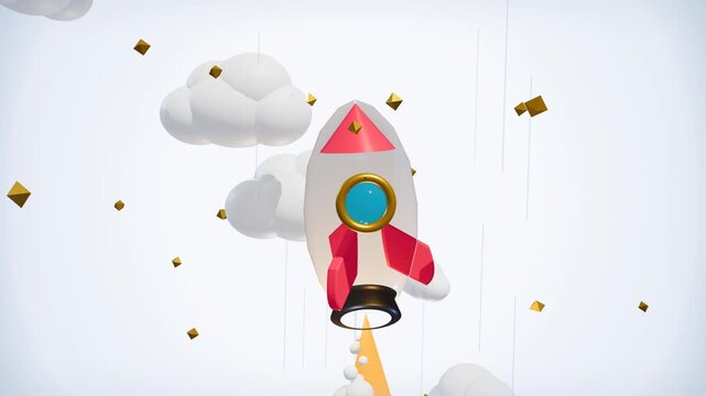 Dynamic three-dimensional white rocket launching upward through soft clouds emitting yellow flame thrust as golden sparkling particles float around