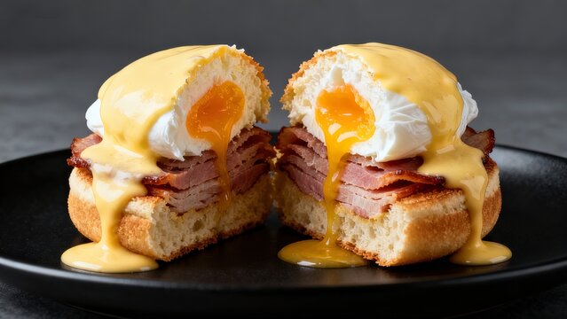 Eggs Benedict cross-section showing layers of poached egg yolk, bacon, English muffin and hollandaise sauce