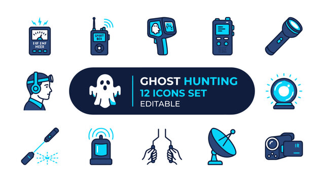 Ghost Hunting Equipment Icons: A collection of 12 stylized icons representing equipment used for paranormal investigation, including EMF meters, ghost boxes, and cameras.