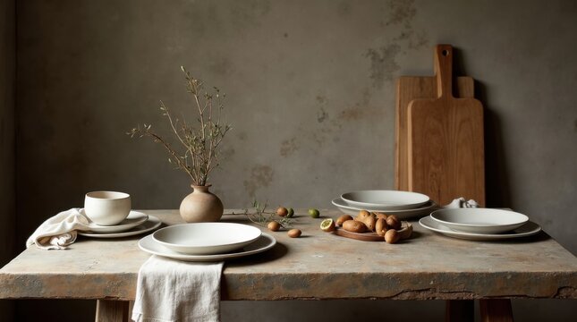 Mesa r&uacute;stica de piedra caliza decorada con platos de cer&aacute;mica vac&iacute;os, servilletas de lino y ramas de olivo