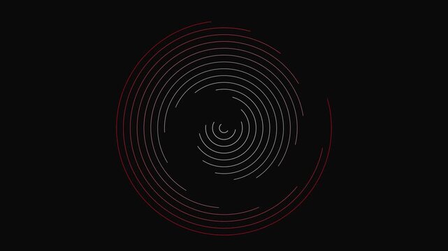 Circular concentric lines rotate clockwise on black background in motion graphics animation