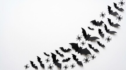 Obraz premium Halloween background with black paper bats and plastic spiders isolated on white background heart