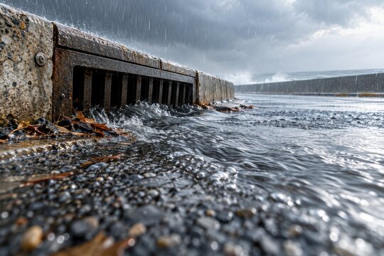 Coastal Storm Drain Struggling with Heavy Rain and Rising Water