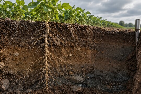 Deep Soybean Root System Exposed in Layered Agricultural Soil