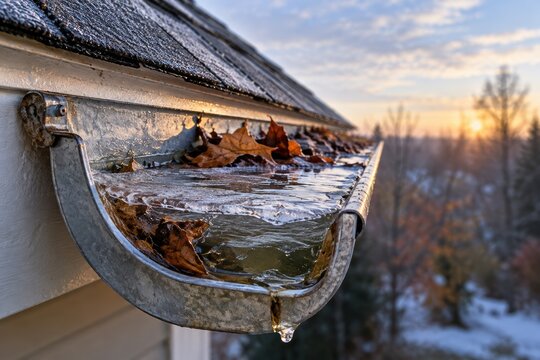 Blocked Roof Gutter with Autumn Leaves and Early Winter Ice