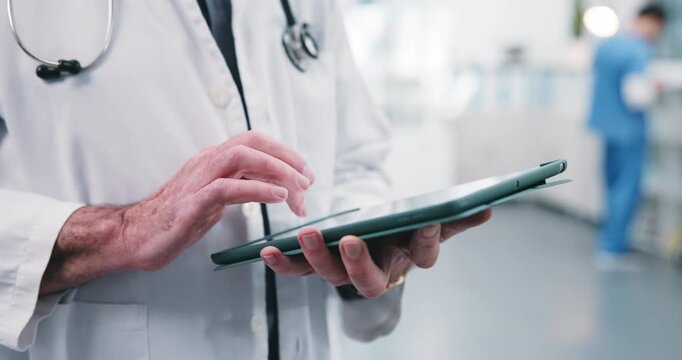 Hands, doctor and typing on tablet for healthcare report, diagnostic review or order blood test. Medical, person or digital app in hospital for pathology results, schedule CT scan or care plan update