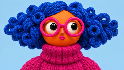 Fototapeta premium Whimsical knitted character with blue yarn pigtails, oversized pink glasses and chunky magenta sweater, ideal for kids posters, winter cards, playful branding and social media.