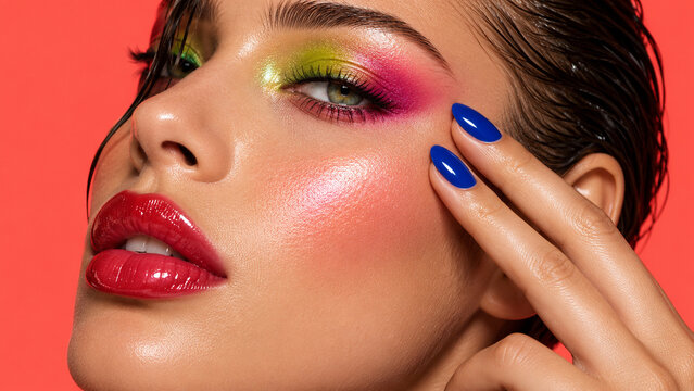 Vibrant beauty close-up of a woman with neon green and pink eye makeup, glossy red lips and blue manicure, ideal for cosmetic ads, editorials, posters and social media.