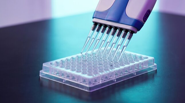 Precision Laboratory Pipetting with Multichannel Pipette over Microplate in Scientific Research