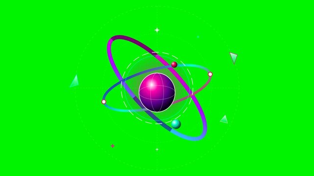3D animated atom model rotating with orbiting rings on green