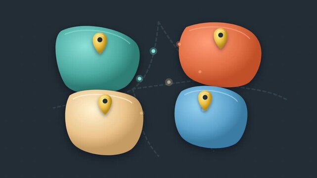 Three dimensional animated infographic with colorful rounded shapes and map