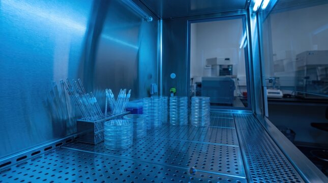 Clean laboratory environment with petri dishes and pipettes for scientific research and experiments