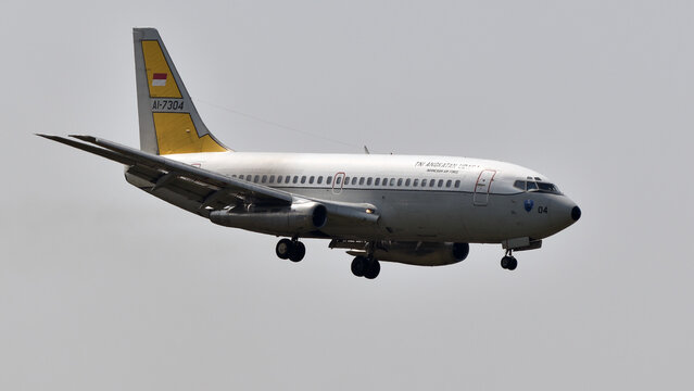 Indonesian Air Force AI-7304, Boeing 737-200, is on final to land on runway 26 of Adi Soemarmo Airport