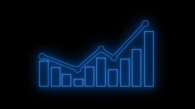 Neon glowing bar chart with line graph overlay on black background, minimalist digital analytics concept animation