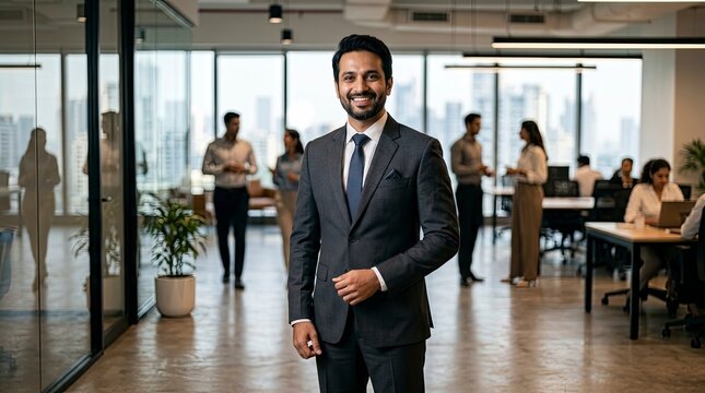Confident Indian Businessman in Formal Suit Standing in Modern Corporate Office with Team in Background