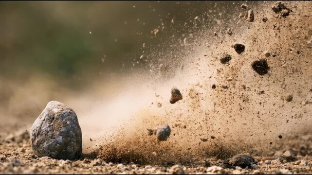 A rock is rolling around in the dirt, with dirt and debris flying around it
