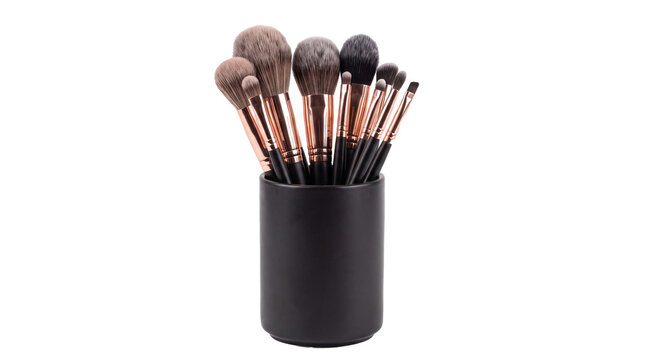 Professional makeup brushes in black holder with rose gold handles isolated on white