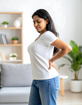 Young woman suffering from lower back pain while standing in a bright modern living room interior