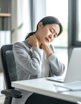 Stressed young businesswoman suffering from neck pain while working at her office desk computer